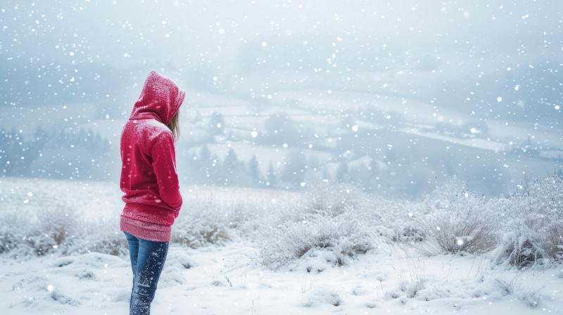 Frau in weinrotem Pullover steht im Schnee
